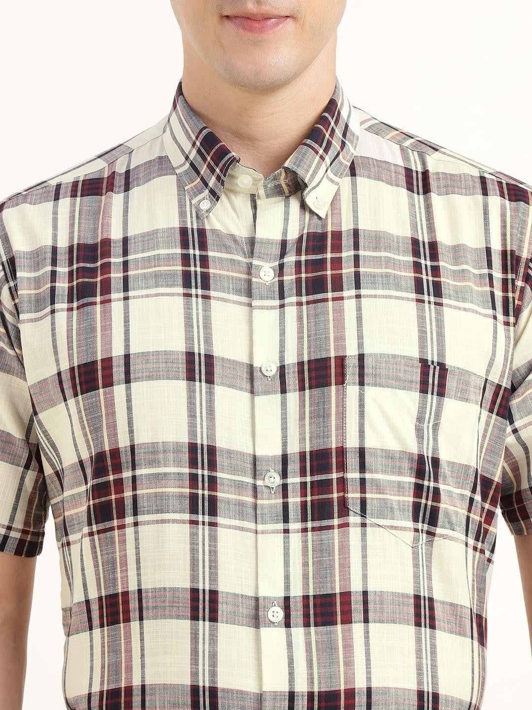 Hancock Men Cream & Maroon Checked Pure Cotton Slim Fit Formal Shirt