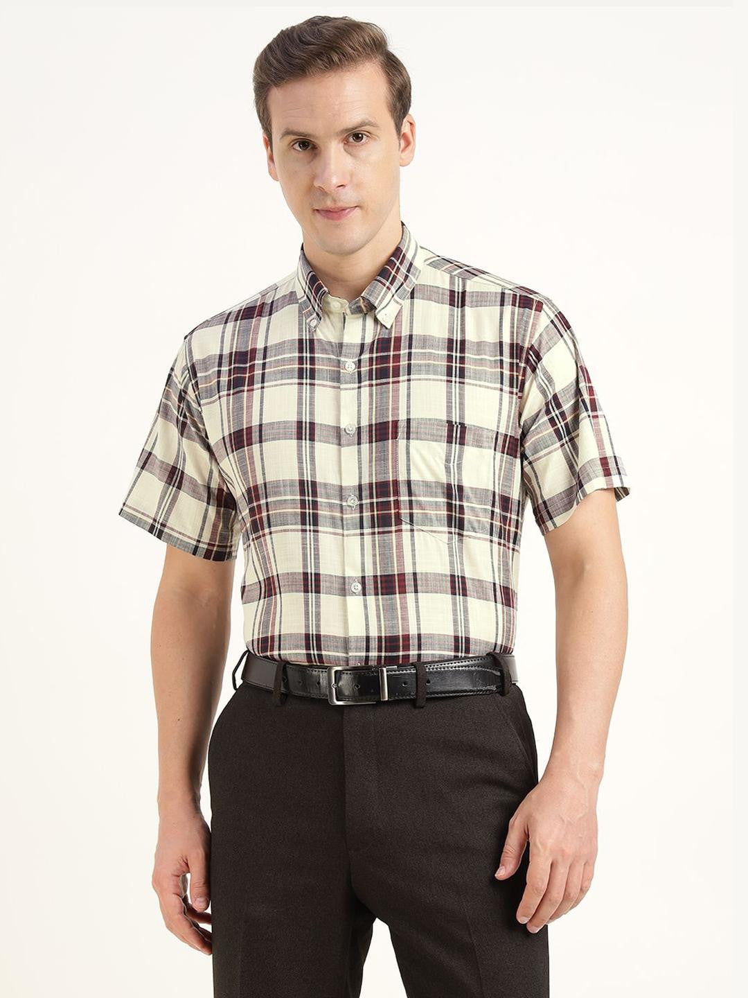 Hancock Men Cream & Maroon Checked Pure Cotton Slim Fit Formal Shirt