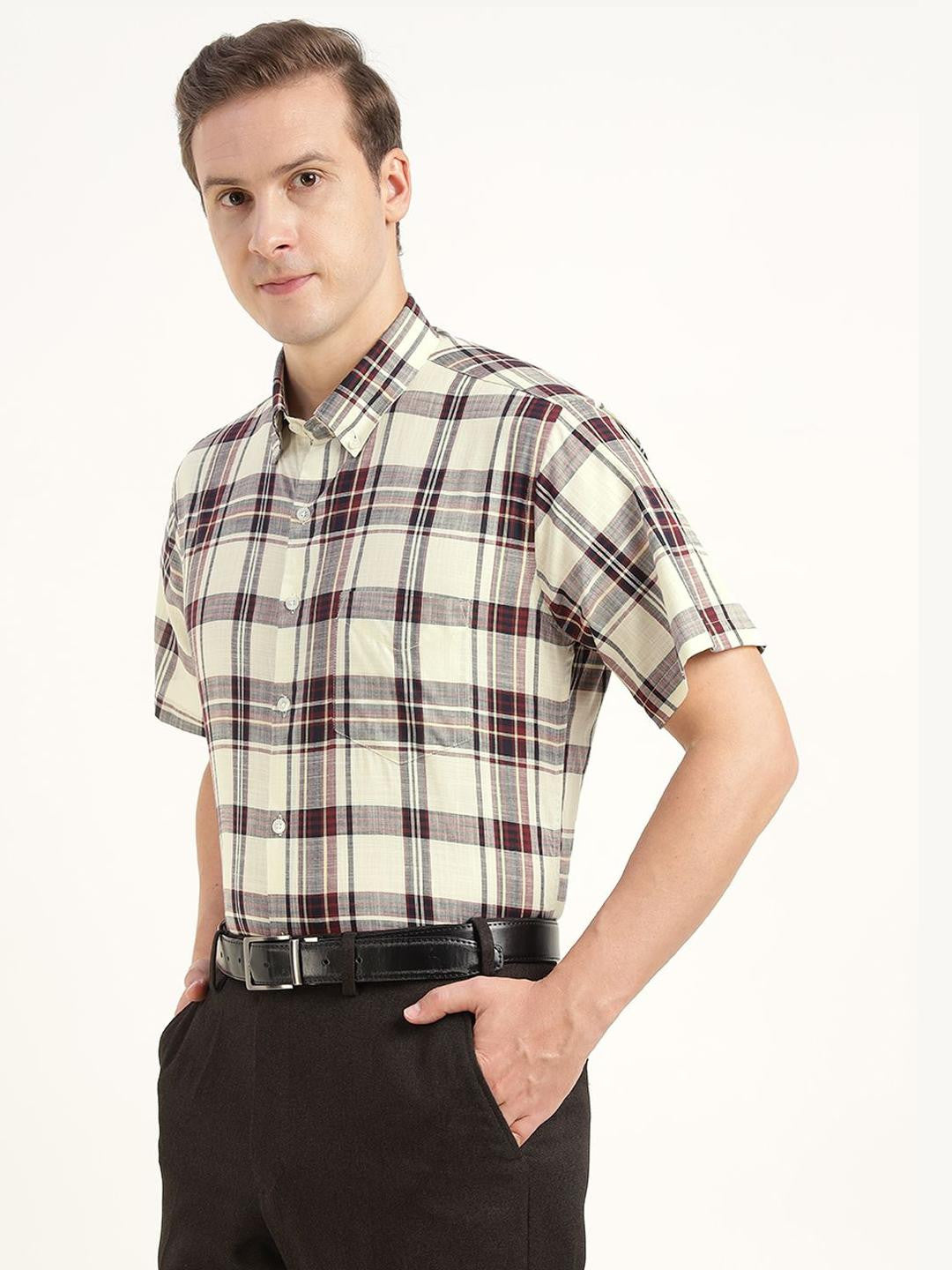 Hancock Men Cream & Maroon Checked Pure Cotton Slim Fit Formal Shirt