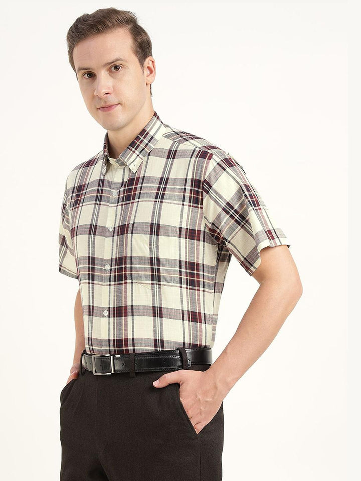 Hancock Men Cream & Maroon Checked Pure Cotton Slim Fit Formal Shirt
