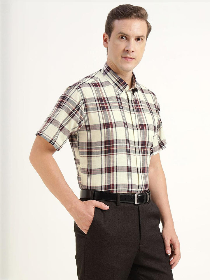 Hancock Men Cream & Maroon Checked Pure Cotton Slim Fit Formal Shirt