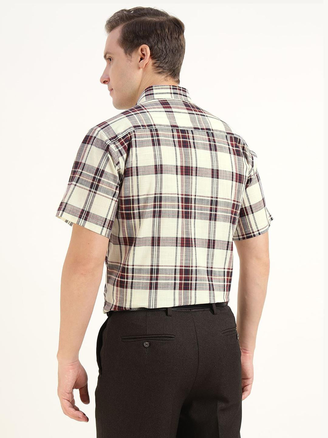 Hancock Men Cream & Maroon Checked Pure Cotton Slim Fit Formal Shirt