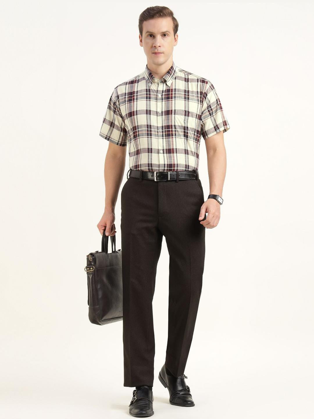 Hancock Men Cream & Maroon Checked Pure Cotton Slim Fit Formal Shirt