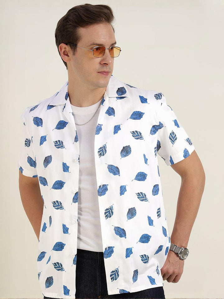 Hancock Men White & Blue Printed Pure Cotton Relaxed Fit Casual Shirt