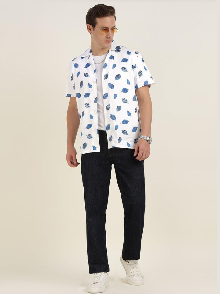 Hancock Men White & Blue Printed Pure Cotton Relaxed Fit Casual Shirt