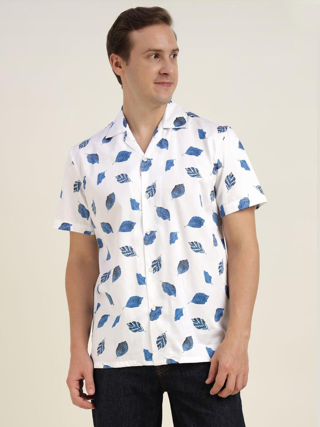 Hancock Men White & Blue Printed Pure Cotton Relaxed Fit Casual Shirt