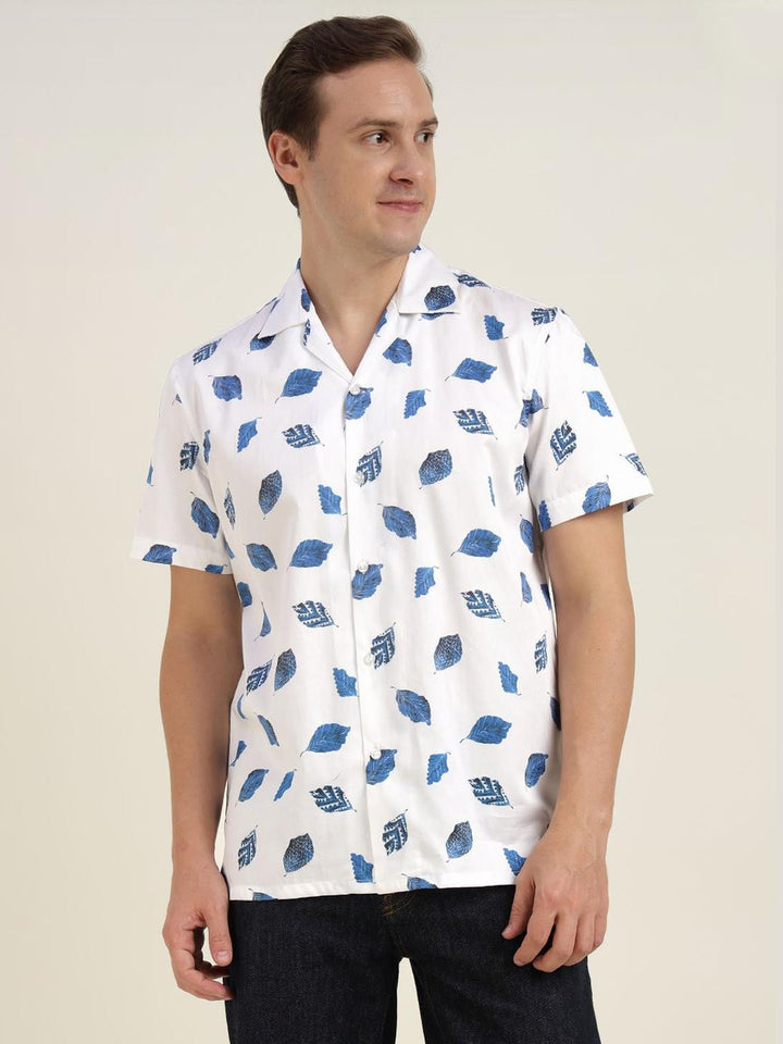 Hancock Men White & Blue Printed Pure Cotton Relaxed Fit Casual Shirt