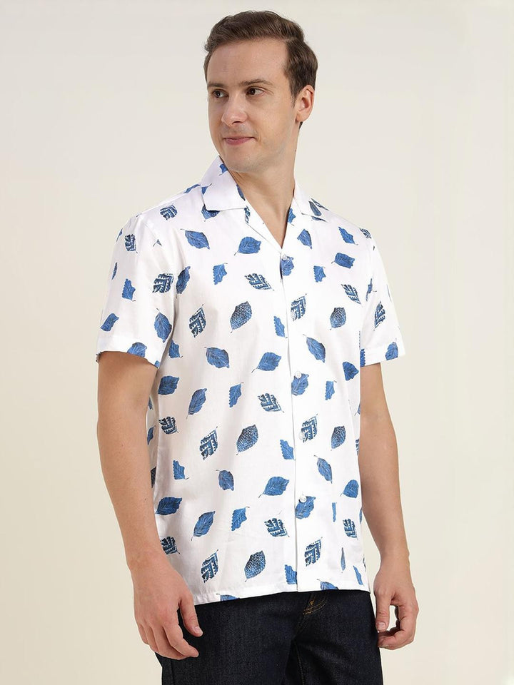 Hancock Men White & Blue Printed Pure Cotton Relaxed Fit Casual Shirt