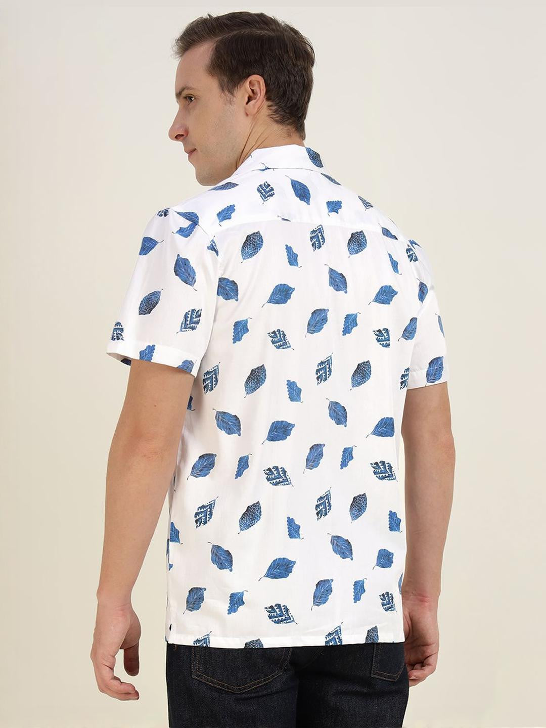 Hancock Men White & Blue Printed Pure Cotton Relaxed Fit Casual Shirt