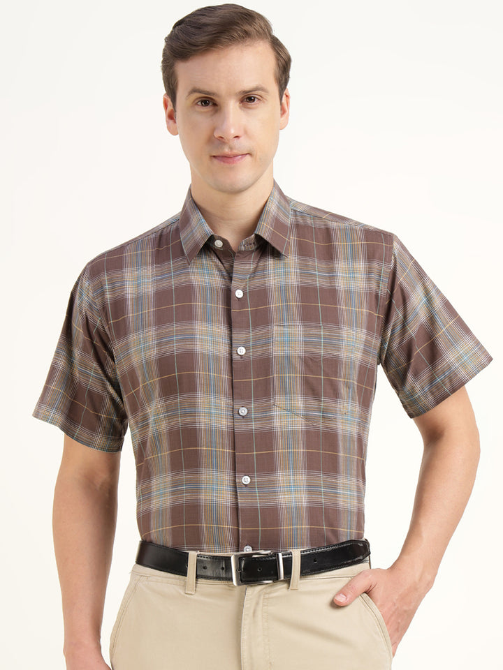 Hancock Men Brown Checked Pure Cotton Slim Fit Formal Shirt