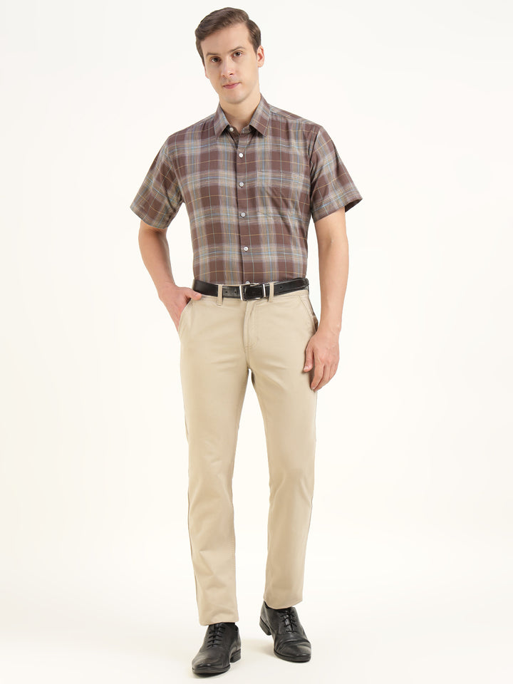 Hancock Men Brown Checked Pure Cotton Slim Fit Formal Shirt