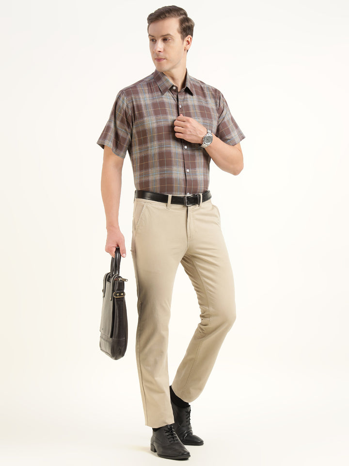 Hancock Men Brown Checked Pure Cotton Slim Fit Formal Shirt
