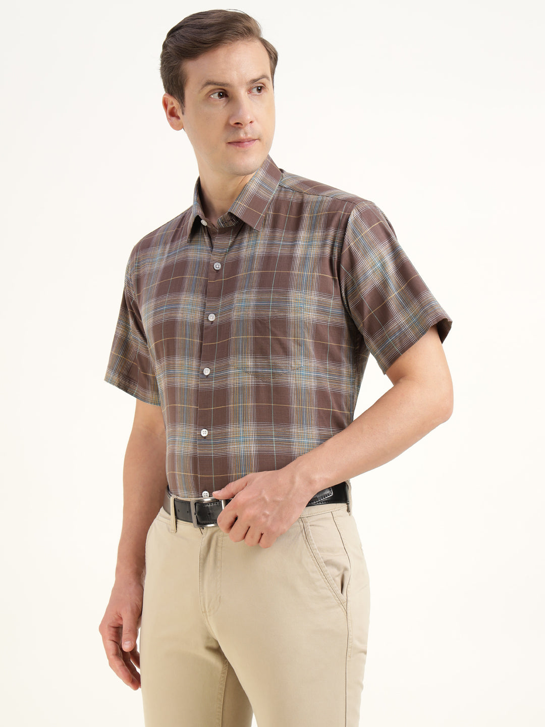 Hancock Men Brown Checked Pure Cotton Slim Fit Formal Shirt