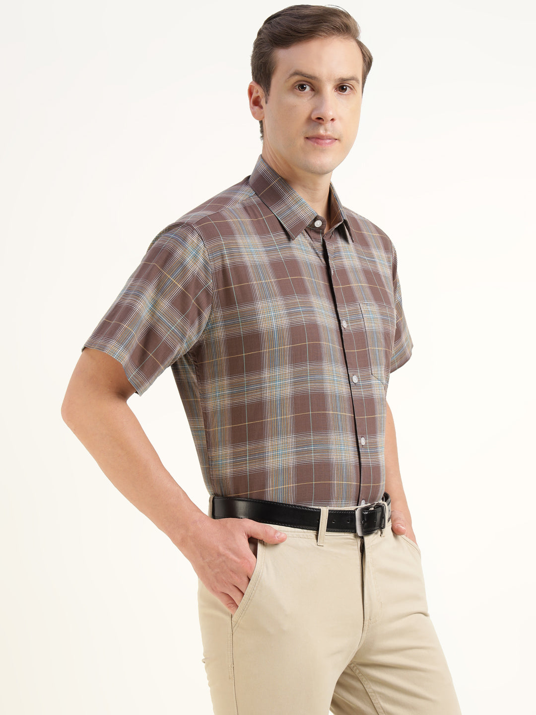 Hancock Men Brown Checked Pure Cotton Slim Fit Formal Shirt