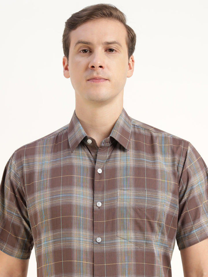 Hancock Men Brown Checked Pure Cotton Slim Fit Formal Shirt