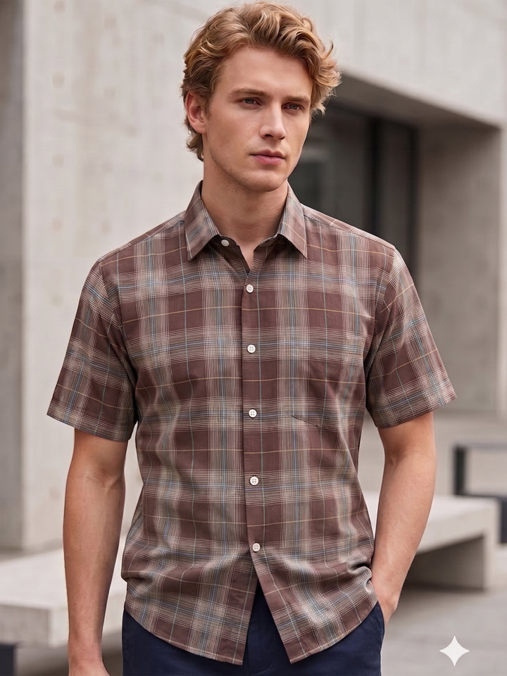 Men Brown Checked Pure Cotton Slim Fit Formal Shirt