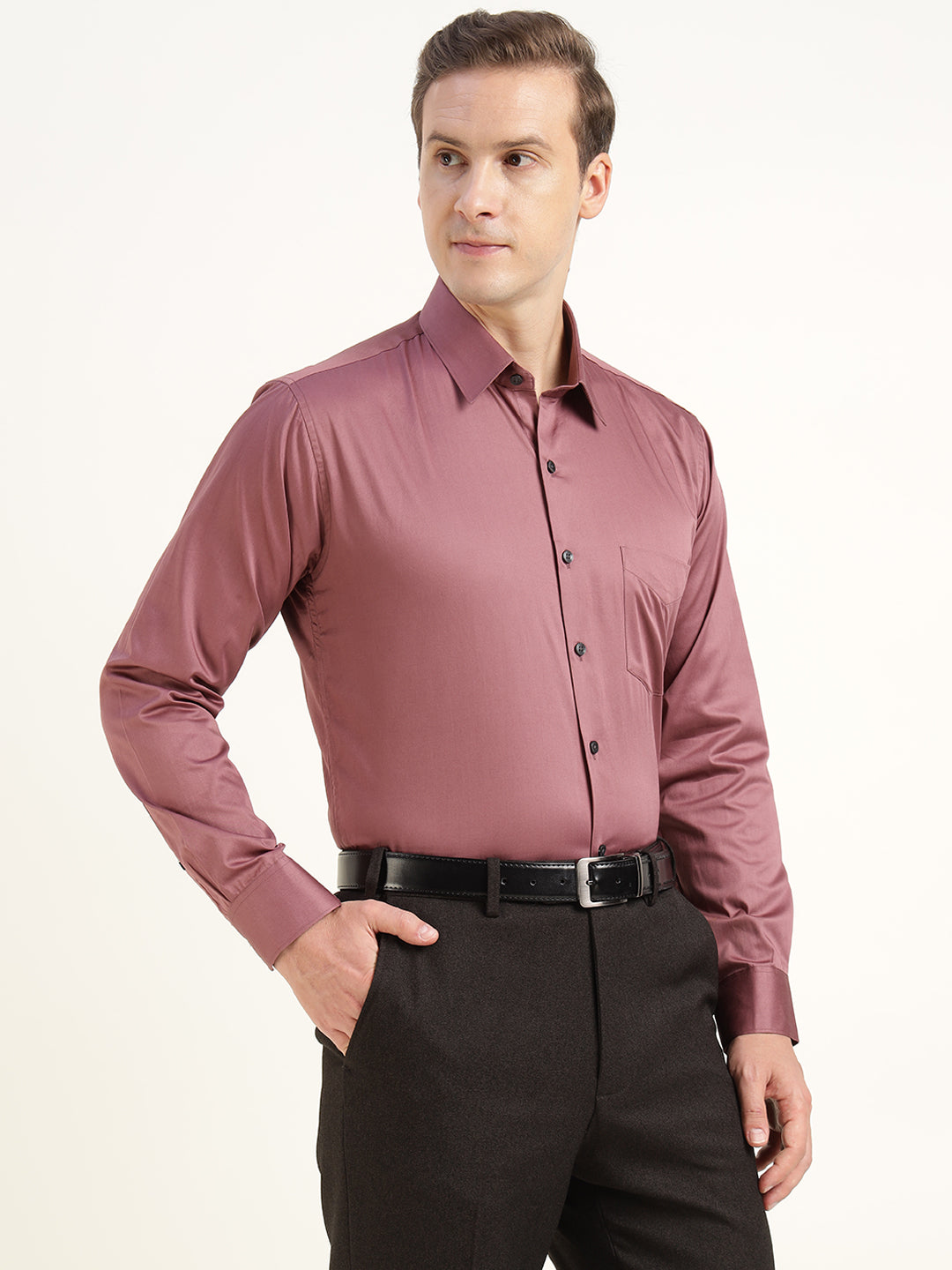 Men Deep Mauve Solid Pure Cotton Slim Fit Formal Shirt