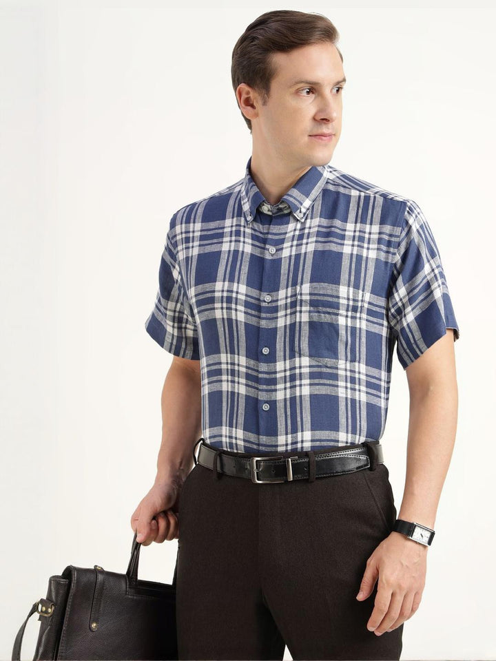 Men Blue & White Checked Pure Linen Slim Fit Formal Shirt