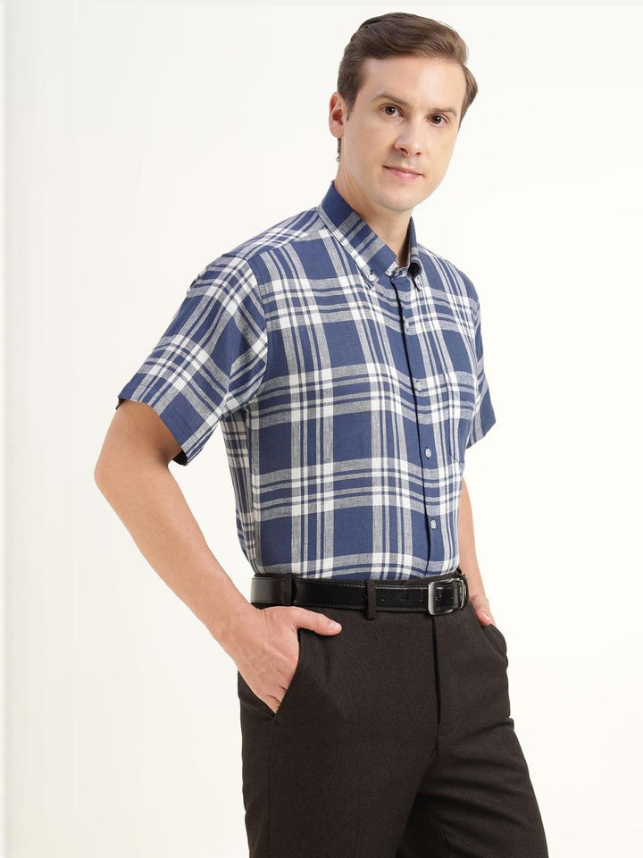 Men Blue & White Checked Pure Linen Slim Fit Formal Shirt