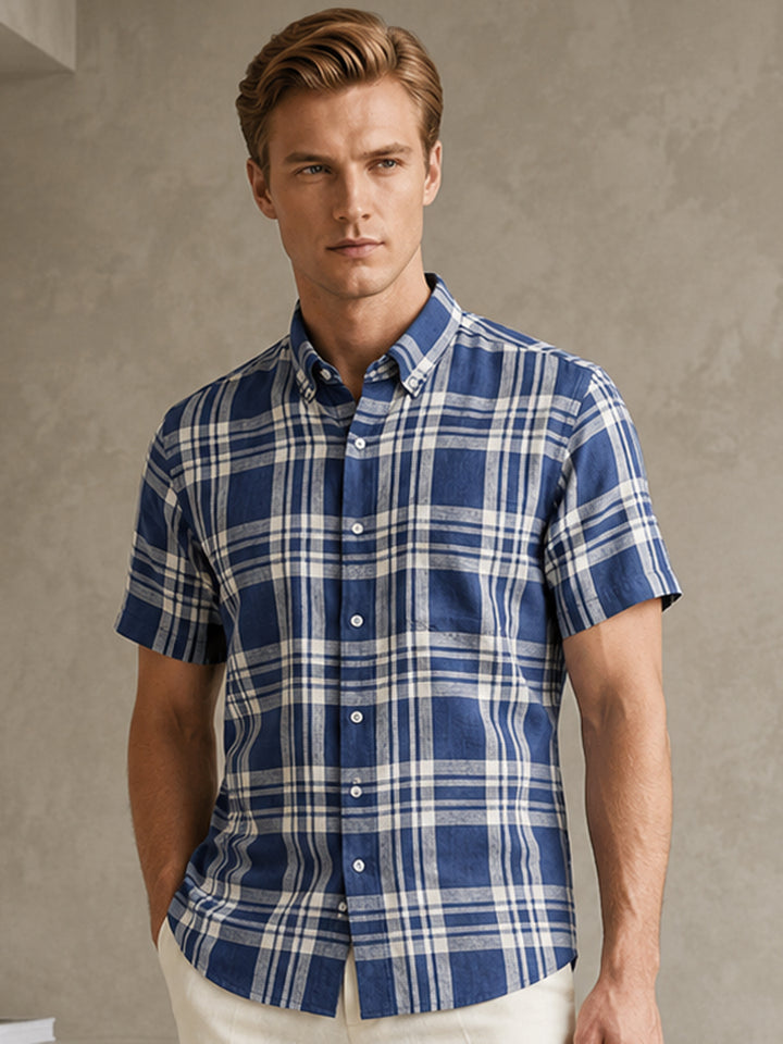 Men Blue & White Checked Pure Linen Slim Fit Formal Shirt