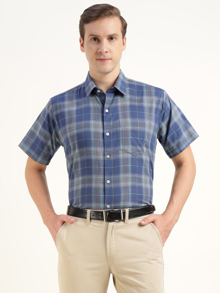 Men Blue Checked Pure Cotton Slim Fit Formal Shirt
