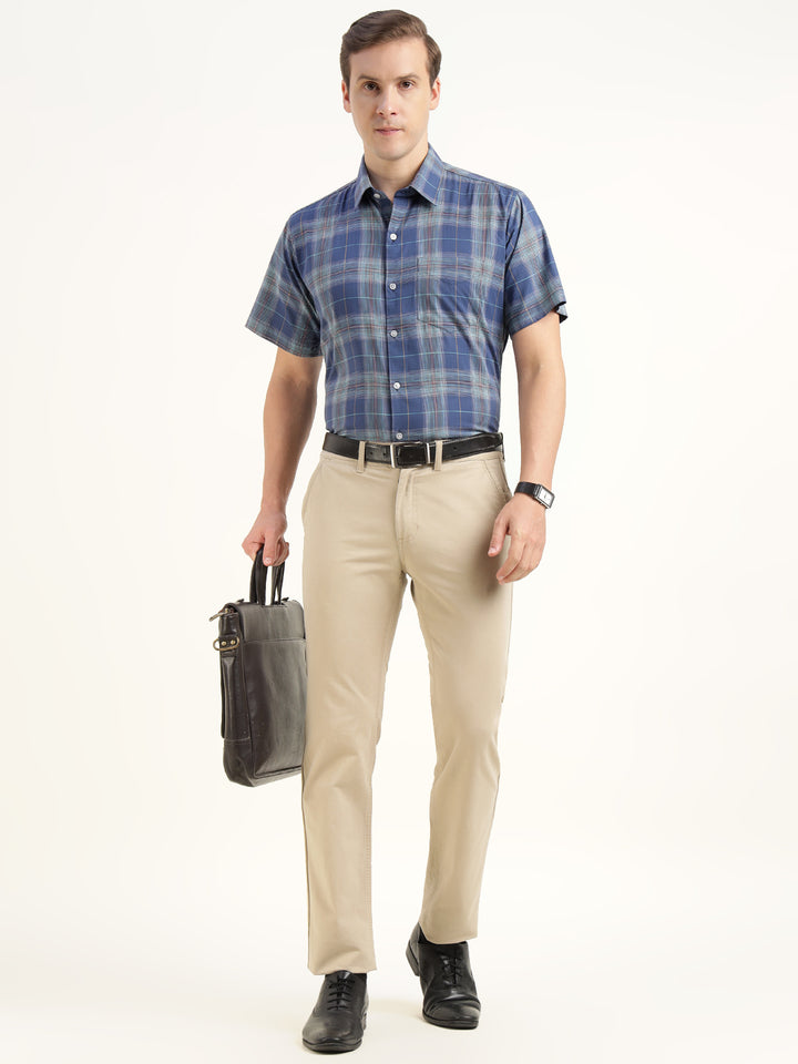 Men Blue Checked Pure Cotton Slim Fit Formal Shirt