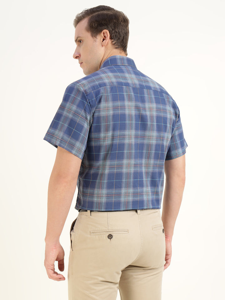 Men Blue Checked Pure Cotton Slim Fit Formal Shirt