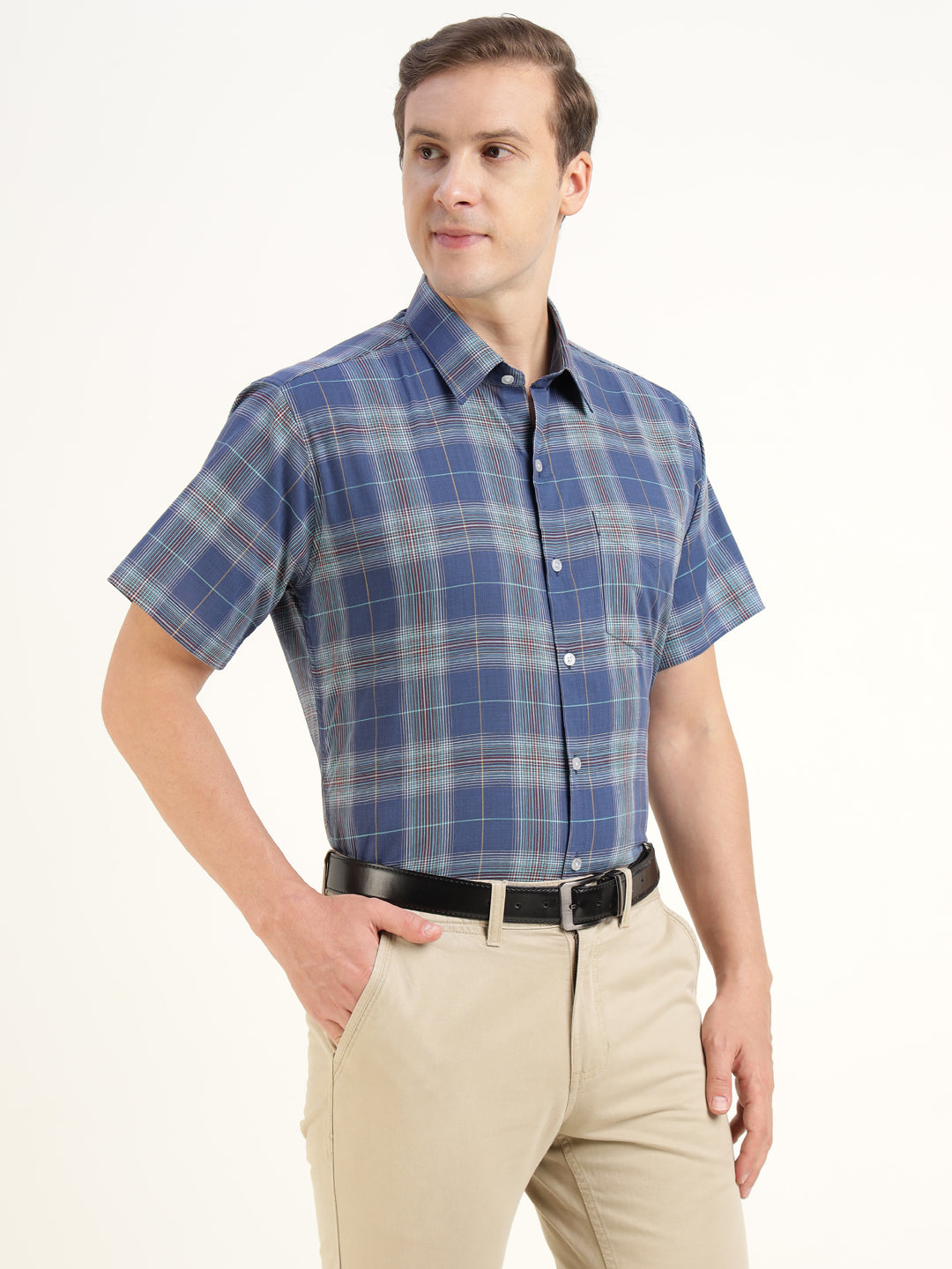 Men Blue Checked Pure Cotton Slim Fit Formal Shirt