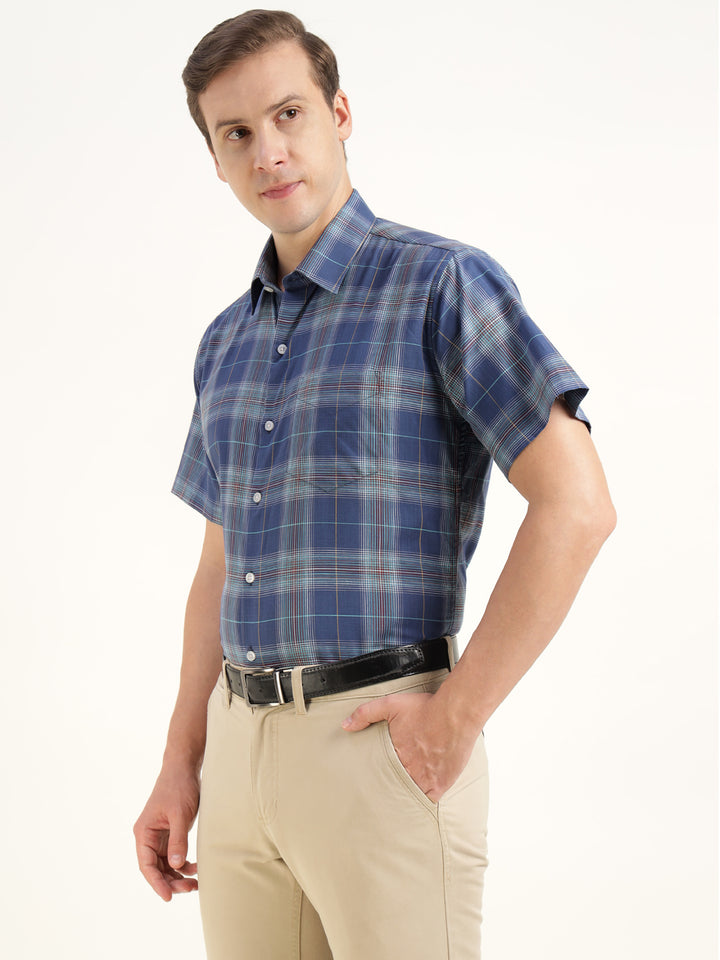 Men Blue Checked Pure Cotton Slim Fit Formal Shirt