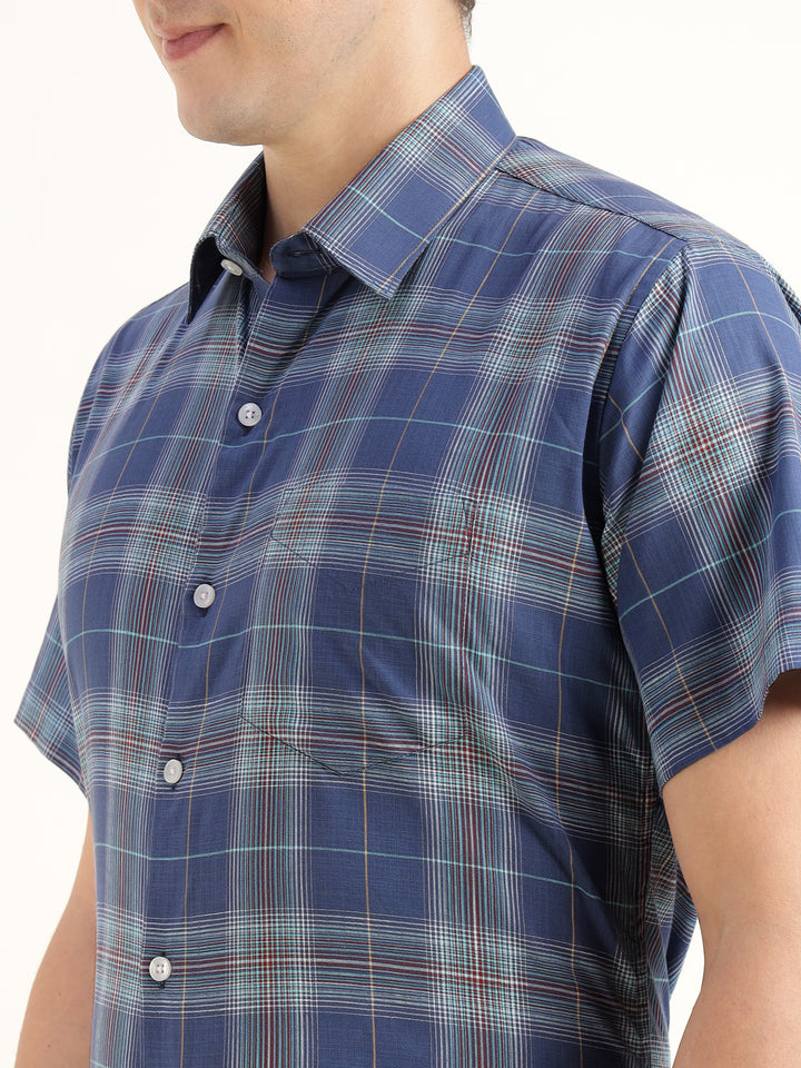 Men Blue Checked Pure Cotton Slim Fit Formal Shirt