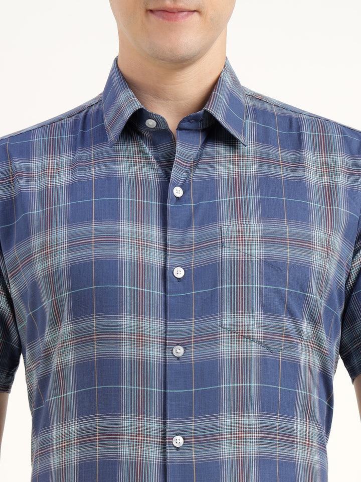 Men Blue Checked Pure Cotton Slim Fit Formal Shirt