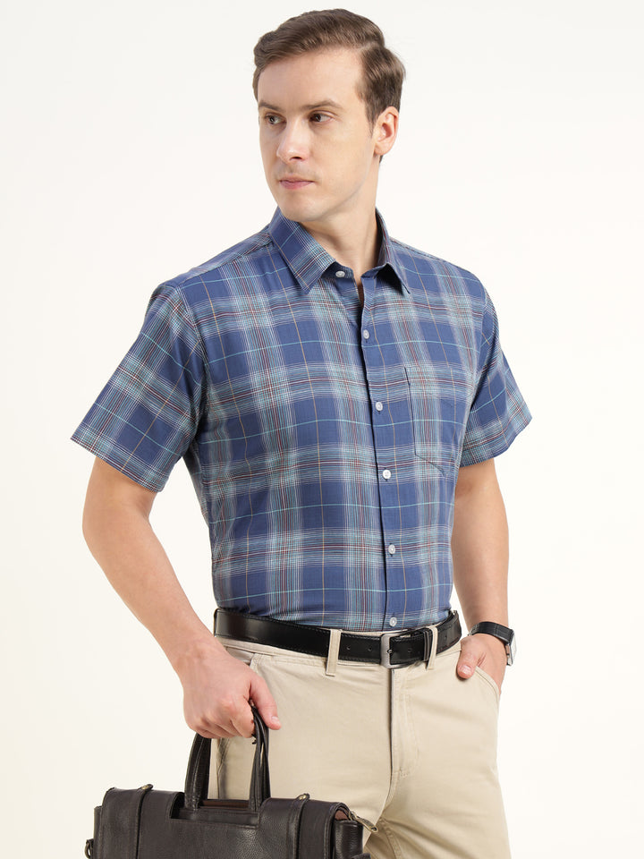 Men Blue Checked Pure Cotton Slim Fit Formal Shirt