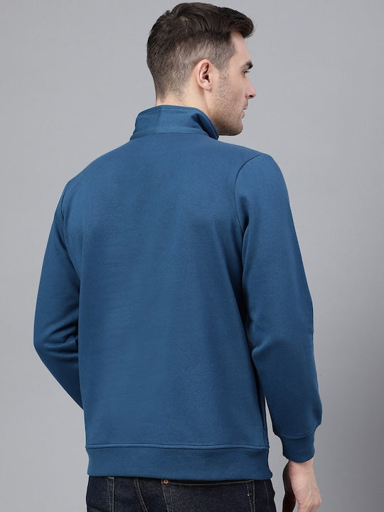 Men Turquoise Blue Solid Half Zipper Long Sleeves Fleece Sweatshirt