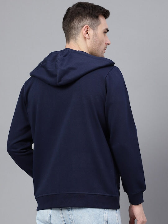 Men Navy Blue Solid Full Zipper Cargo Pocket Long Sleeves Fleece Hooded Sweatshirt