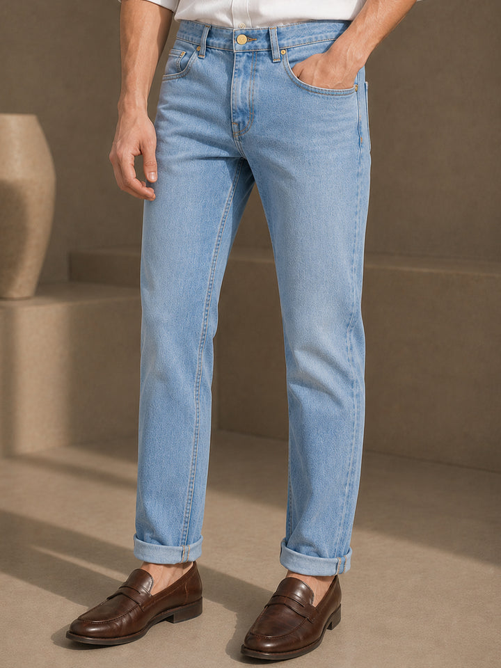 Men Light Blue Solid Cotton Elastene Relaxed Fit Casual Jeans