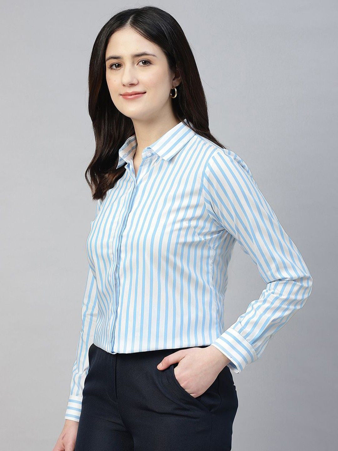 Women White & Blue Striped Pure Cotton Regular Fit Formal Shirt