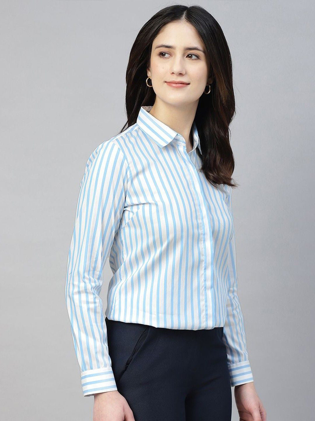 Women White & Blue Striped Pure Cotton Regular Fit Formal Shirt