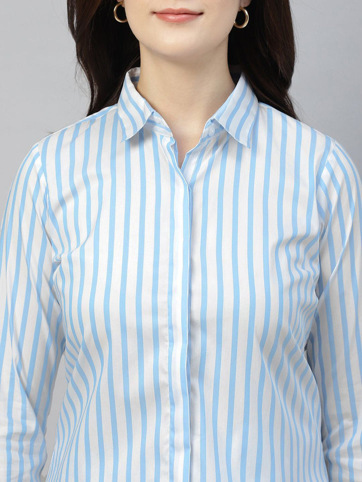 Women White & Blue Striped Pure Cotton Regular Fit Formal Shirt