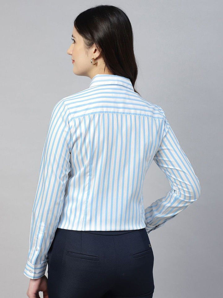 Women White & Blue Striped Pure Cotton Regular Fit Formal Shirt