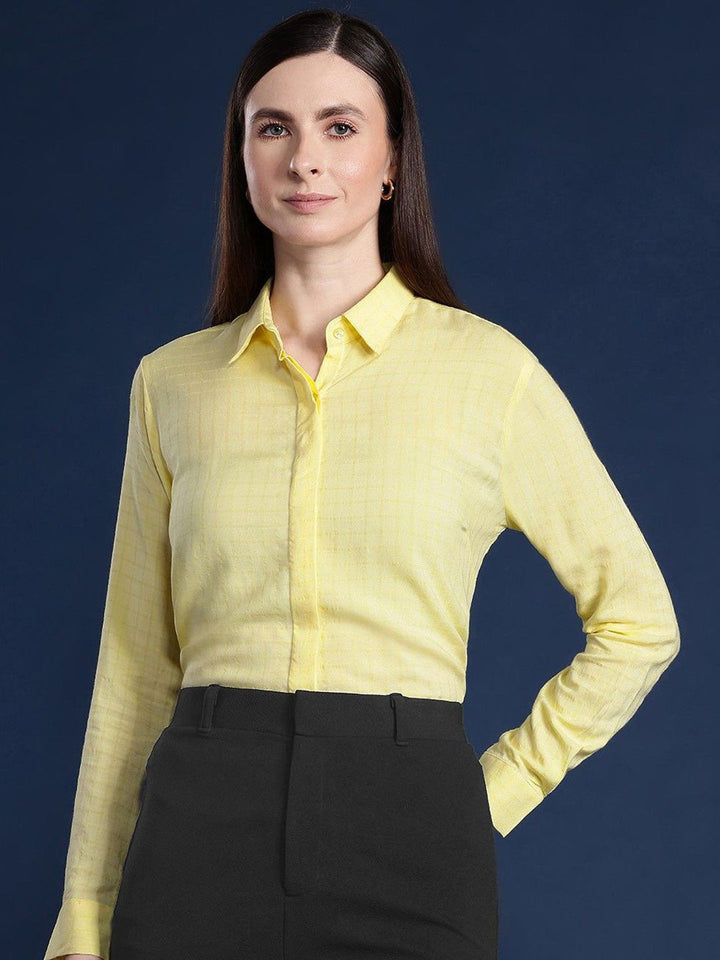 Women Yellow Checked Viscose Rayon Regular Fit Formal Shirt