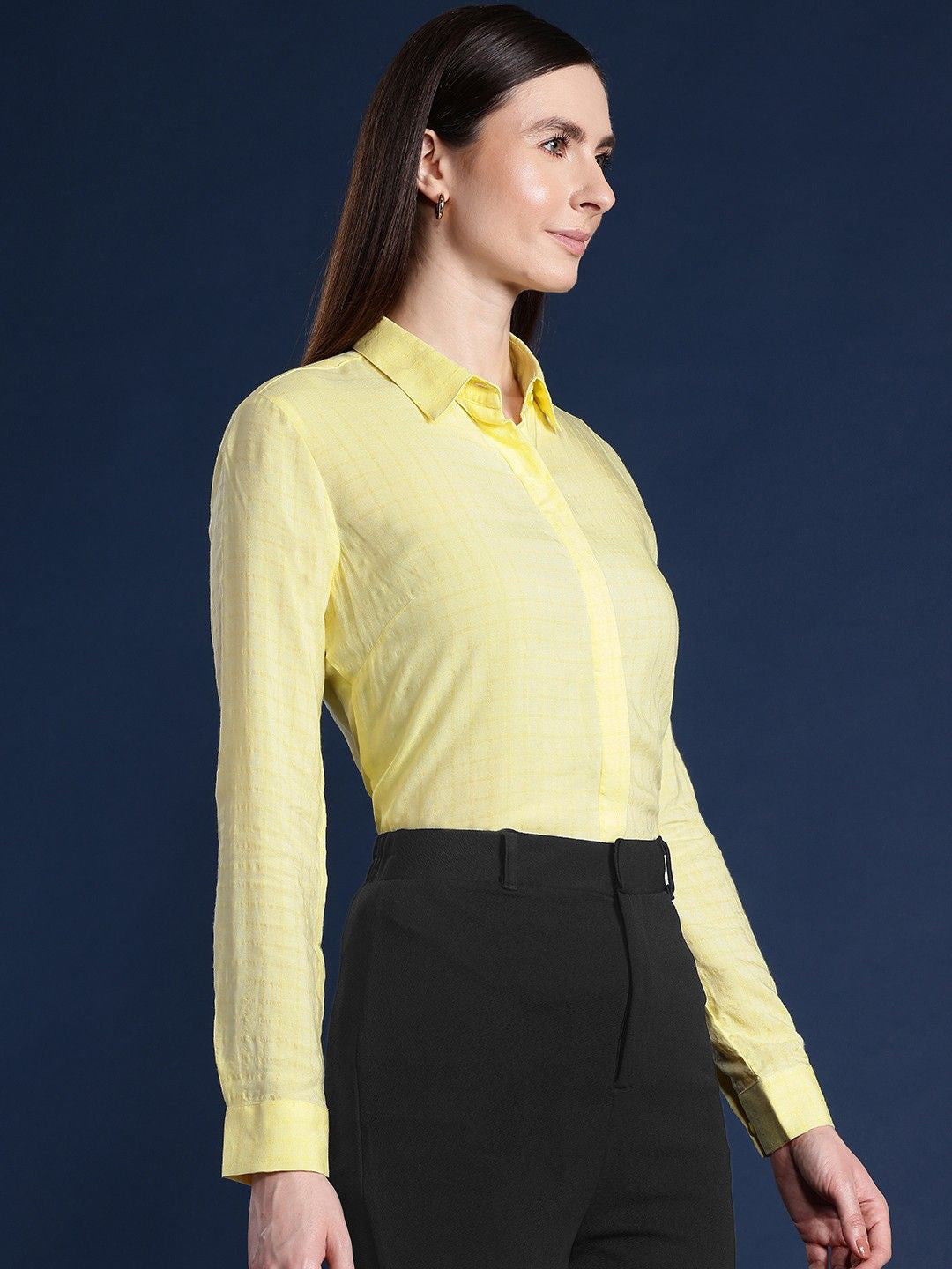 Women Yellow Checked Viscose Rayon Regular Fit Formal Shirt