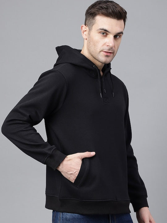 Men Black Solid Half Button Placket Long Sleeves Fleece Hooded Sweatshirt