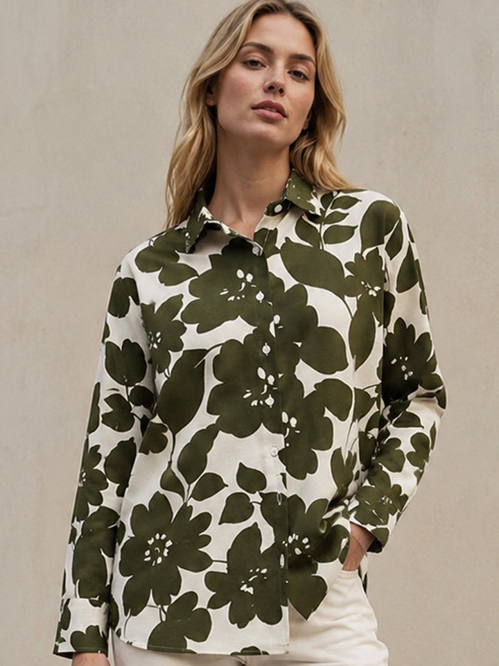 Women Cream-Olive Printed Viscose Rayon Relaxed Fit Casual Shirt