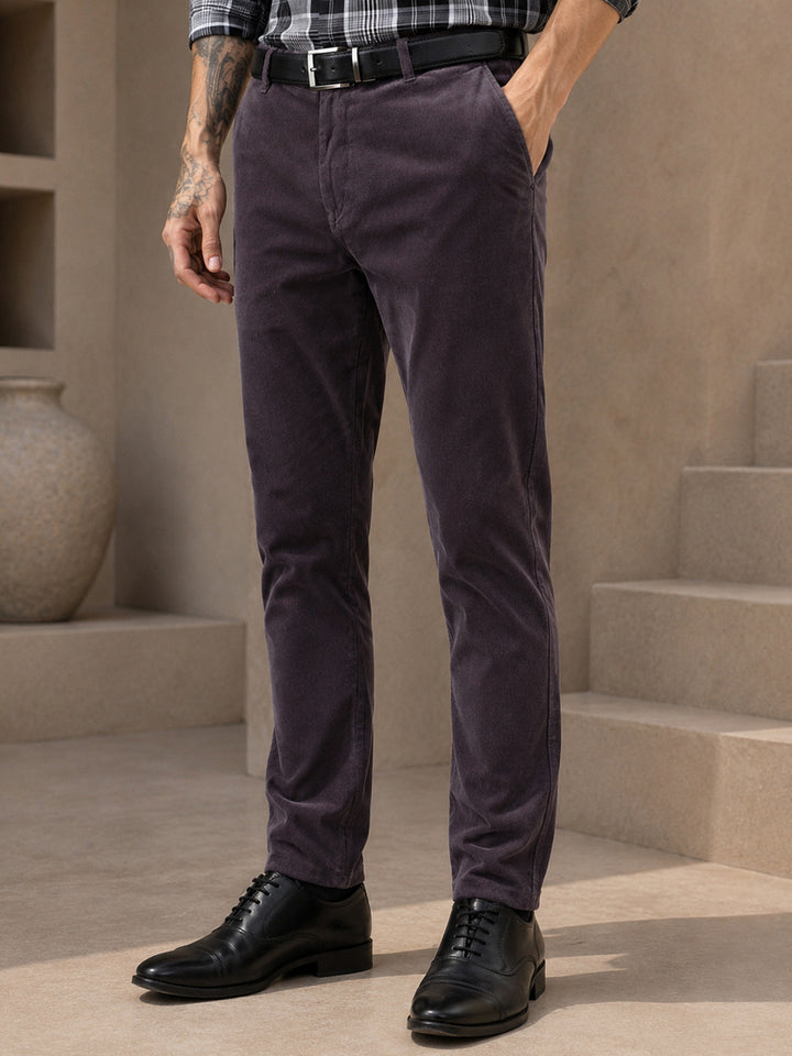 Men Grey Solid Corduroy Cotton Elastane Stretchable Slim Fit Formal Trouser