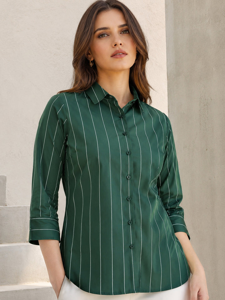 Women Bottle Green Striped Pure Cotton Relaxed Fit Casual Shirt