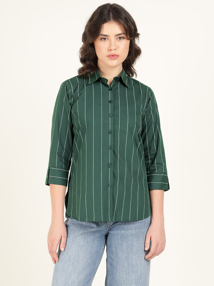 Women Bottle Green Striped Pure Cotton Relaxed Fit Casual Shirt
