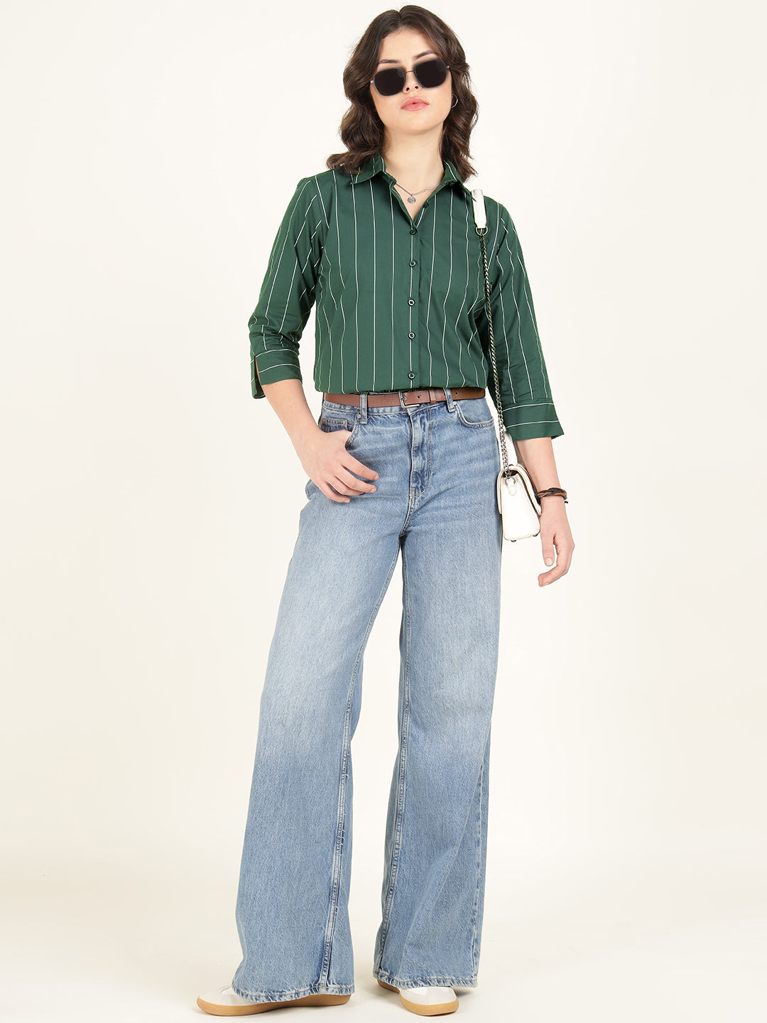 Women Bottle Green Striped Pure Cotton Relaxed Fit Casual Shirt