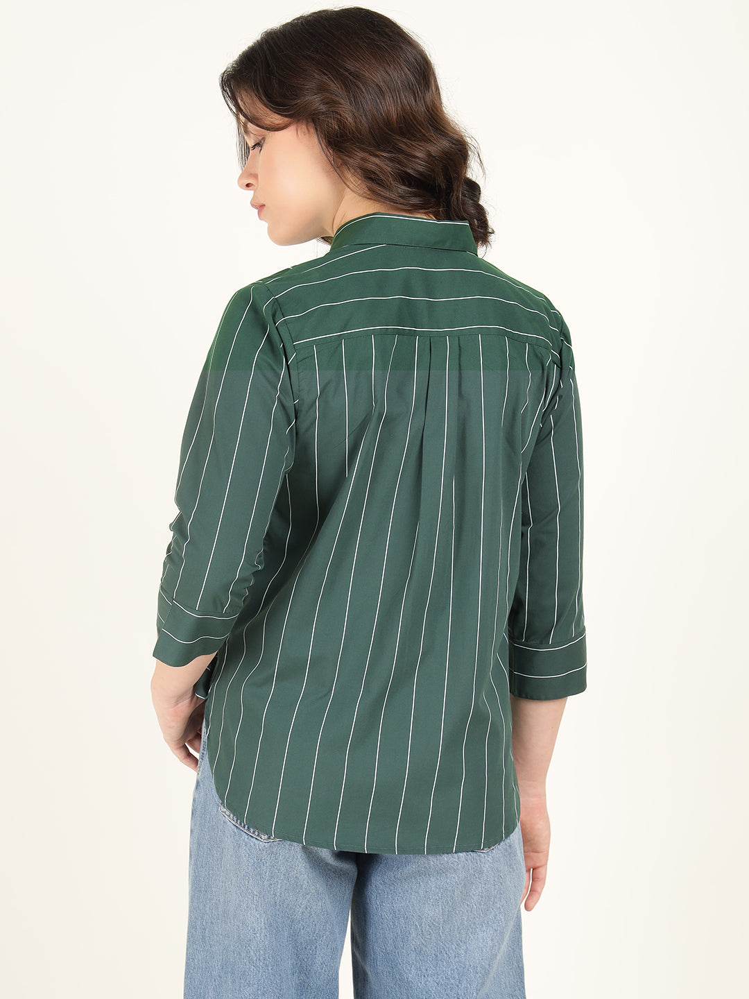 Women Bottle Green Striped Pure Cotton Relaxed Fit Casual Shirt