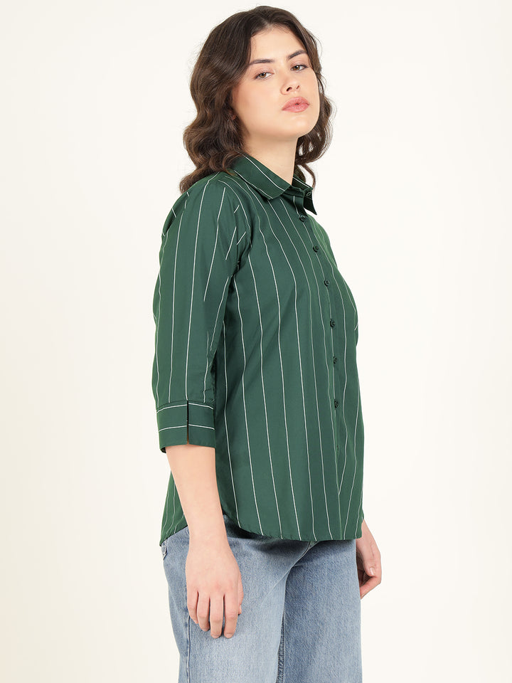 Women Bottle Green Striped Pure Cotton Relaxed Fit Casual Shirt