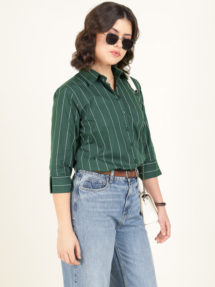 Women Bottle Green Striped Pure Cotton Relaxed Fit Casual Shirt